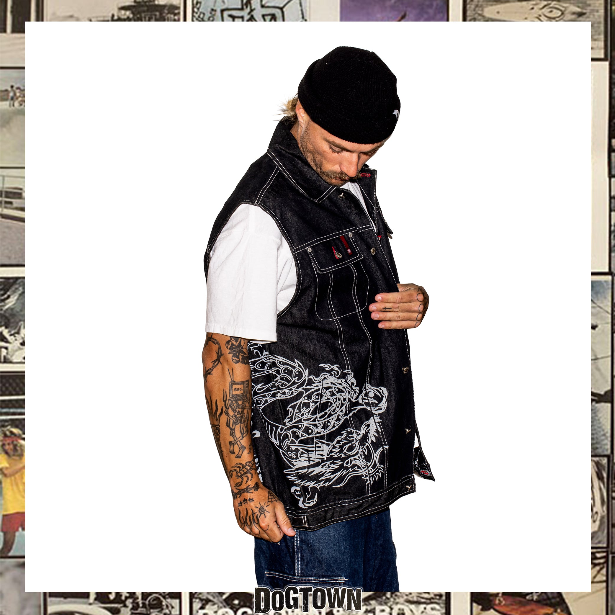 1990's Dog Town Black Dragon Denim Vest (XL) *RARE*