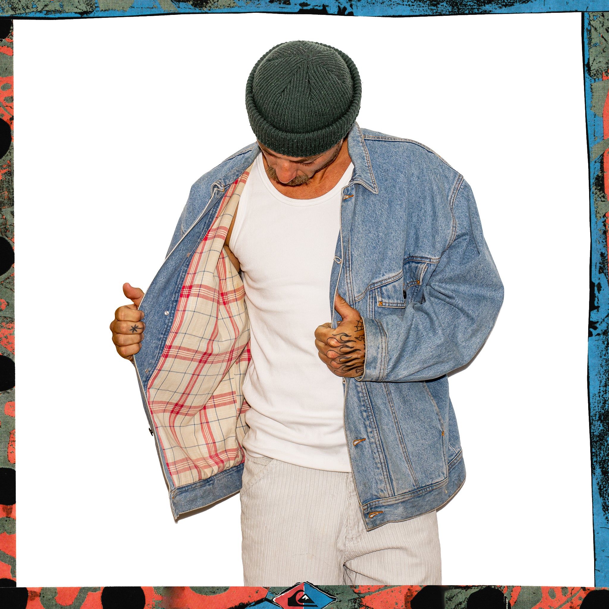 1990's Quiksilver "QSD" Denim Jacket w/ Plaid Lining (XL)